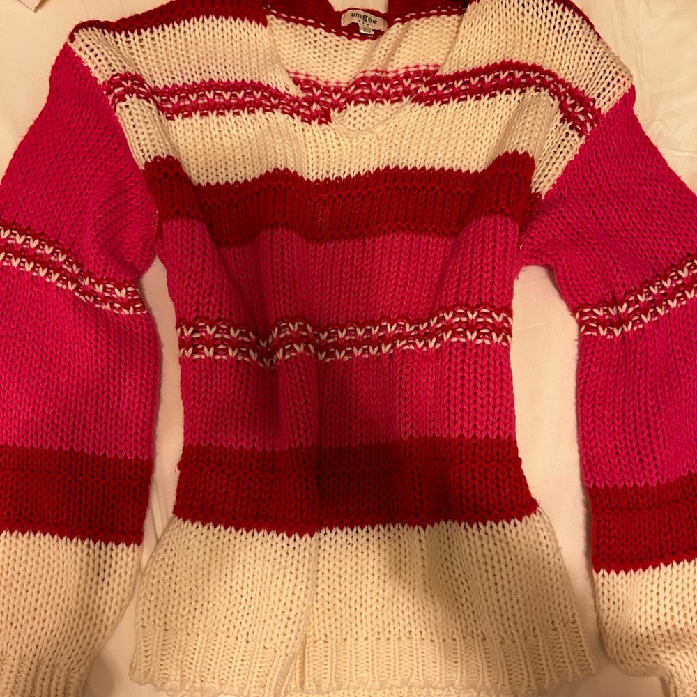 Umgee V-Neck Sweater - Pink, Red, and Cream